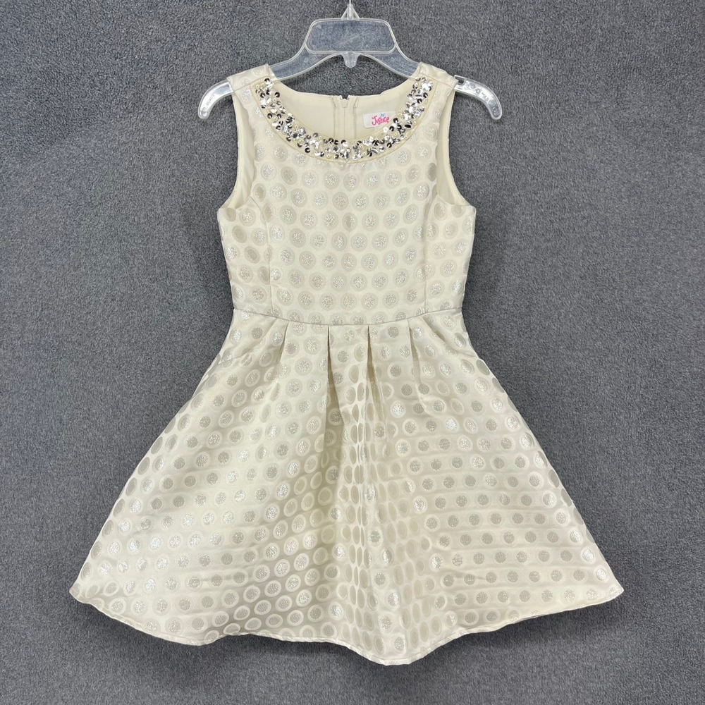 Justice Party Dress Girls 8 Cream Silver Metallic Polka Dot Sequin Embellished